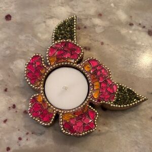 Handcrafted Mosaic Flower Tealight Holder - Pink, Orange & Green